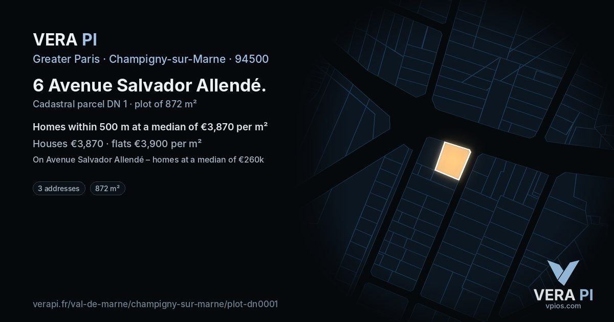 6 Avenue Salvador Allendé, Champigny-sur-Marne at night – the plot lit, the parcels around coloured by the prices near them