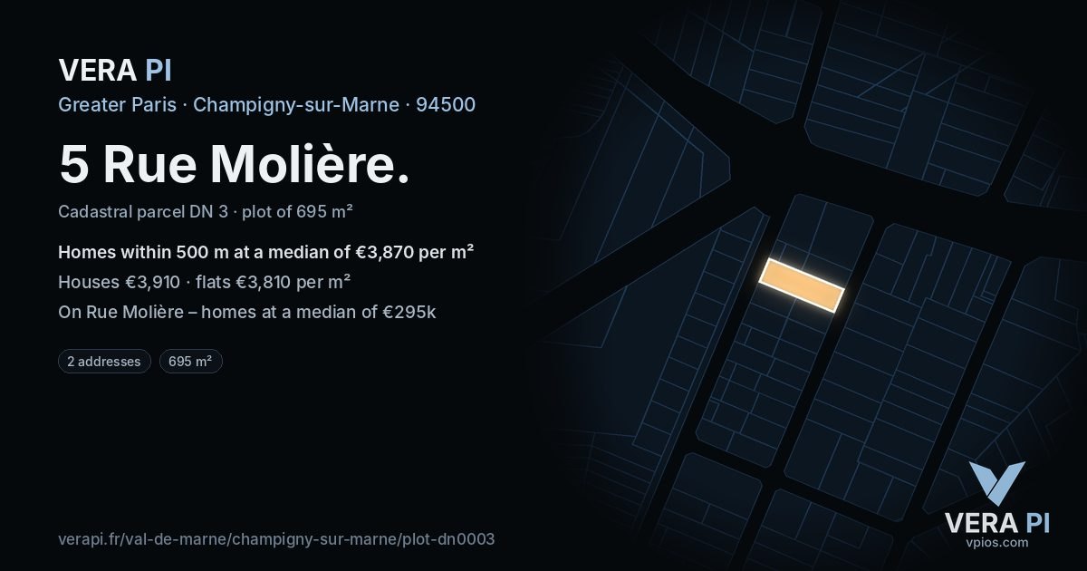 5 Rue Molière, Champigny-sur-Marne at night – the plot lit, the parcels around coloured by the prices near them