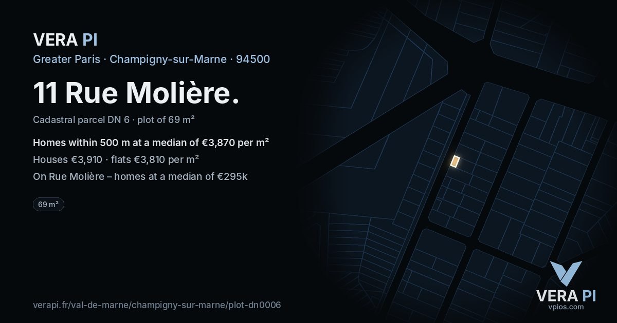 11 Rue Molière, Champigny-sur-Marne at night – the plot lit, the parcels around coloured by the prices near them