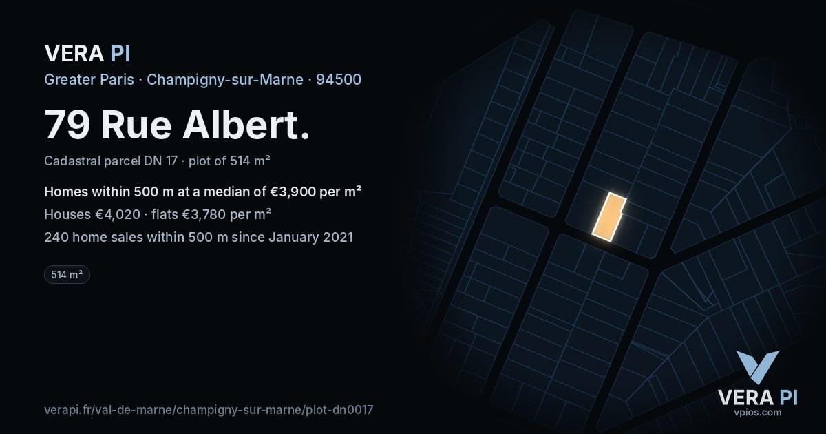 79 Rue Albert, Champigny-sur-Marne at night – the plot lit, the parcels around coloured by the prices near them