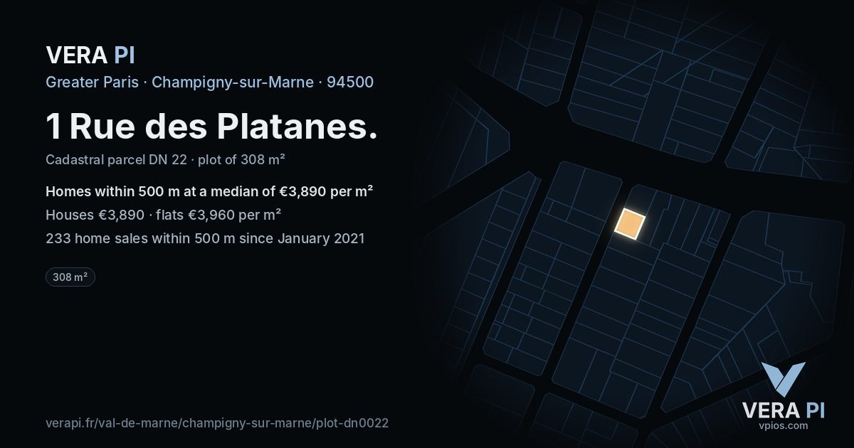 1 Rue des Platanes, Champigny-sur-Marne at night – the plot lit, the parcels around coloured by the prices near them