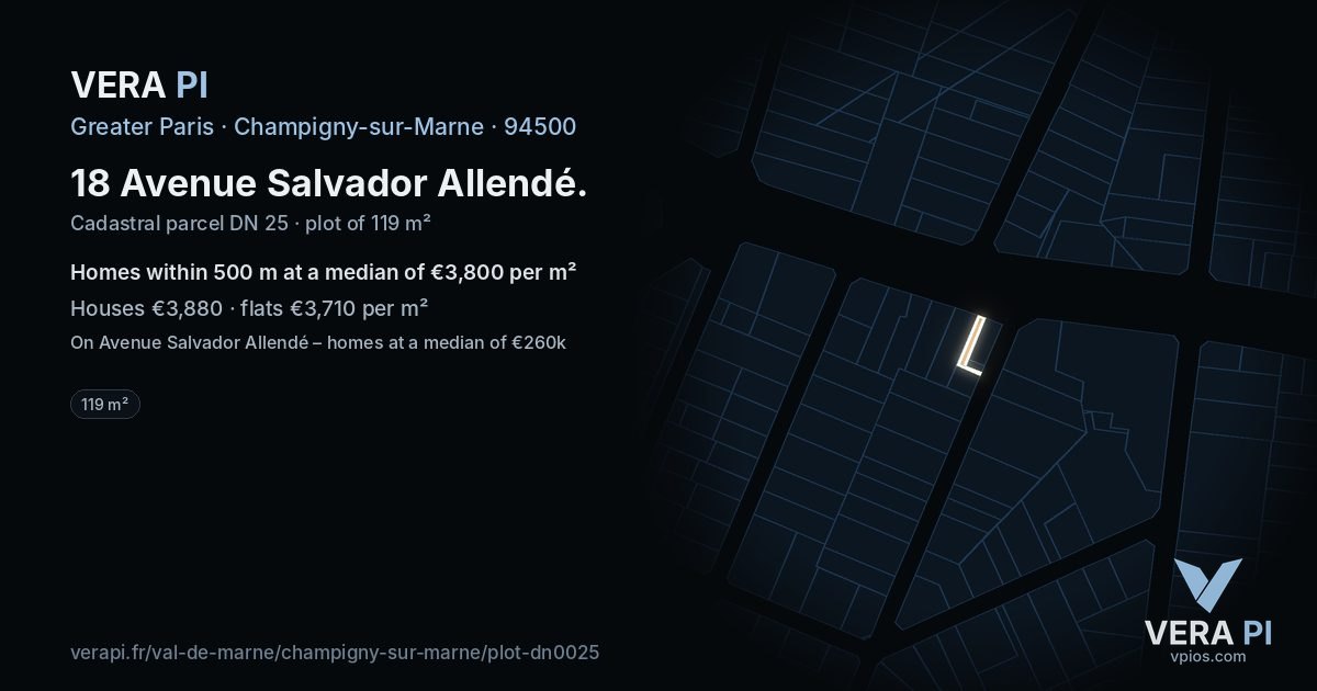 18 Avenue Salvador Allendé, Champigny-sur-Marne at night – the plot lit, the parcels around coloured by the prices near them