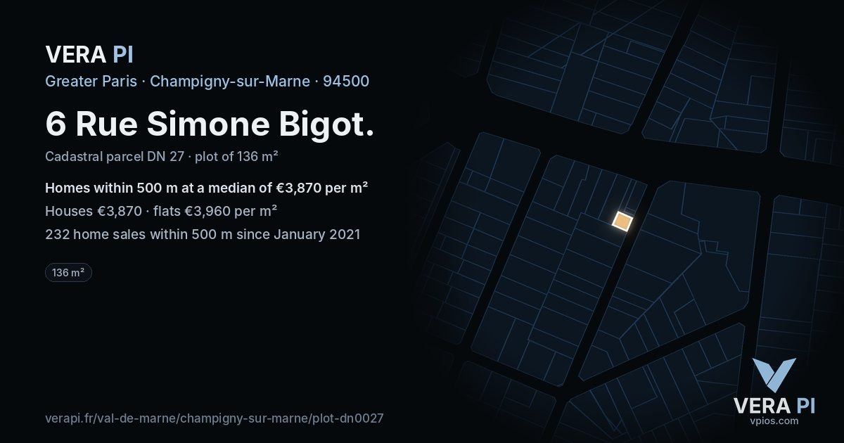 6 Rue Simone Bigot, Champigny-sur-Marne at night – the plot lit, the parcels around coloured by the prices near them