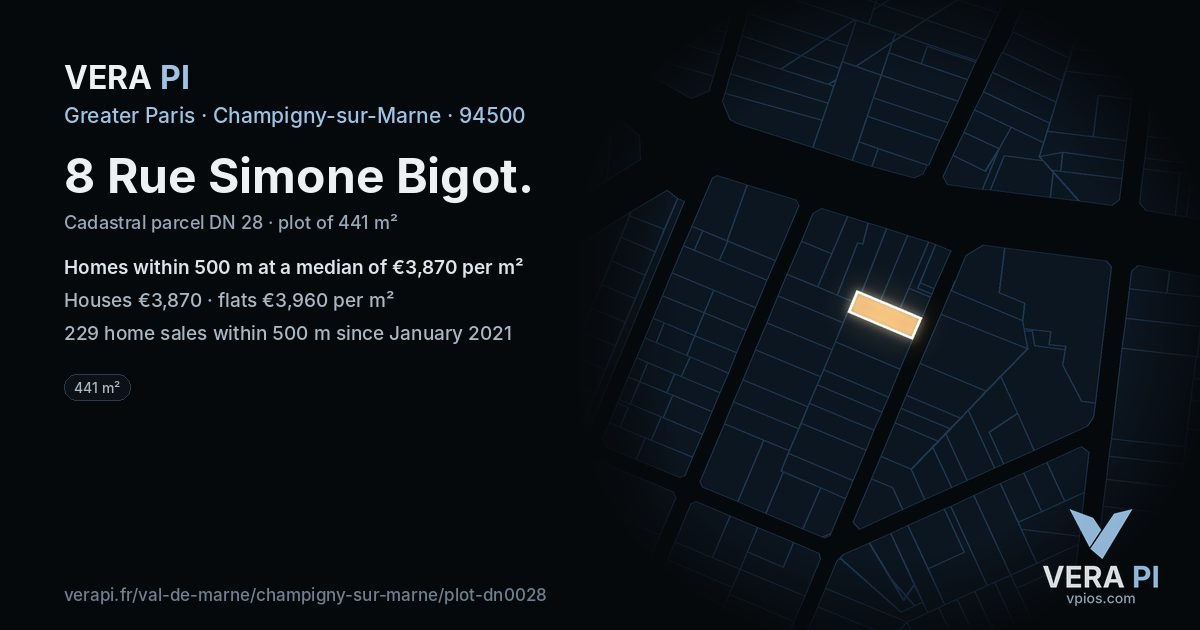 8 Rue Simone Bigot, Champigny-sur-Marne at night – the plot lit, the parcels around coloured by the prices near them