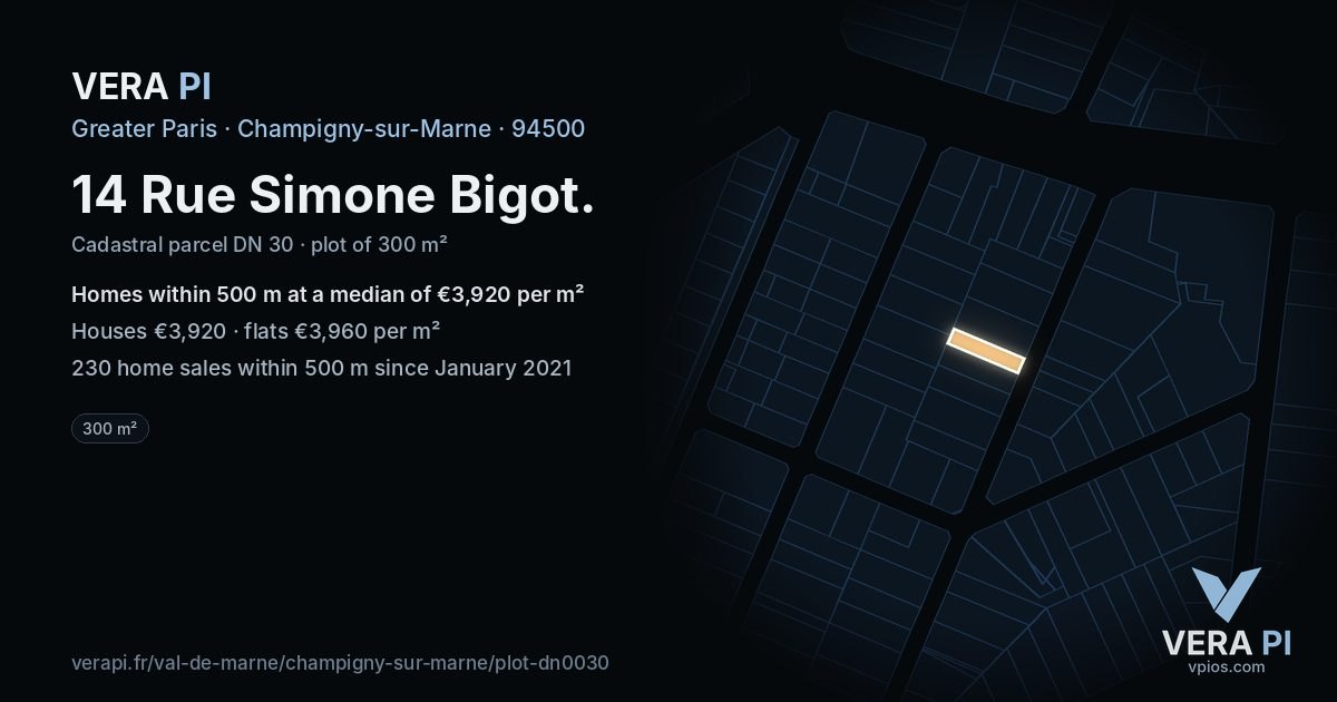 14 Rue Simone Bigot, Champigny-sur-Marne at night – the plot lit, the parcels around coloured by the prices near them