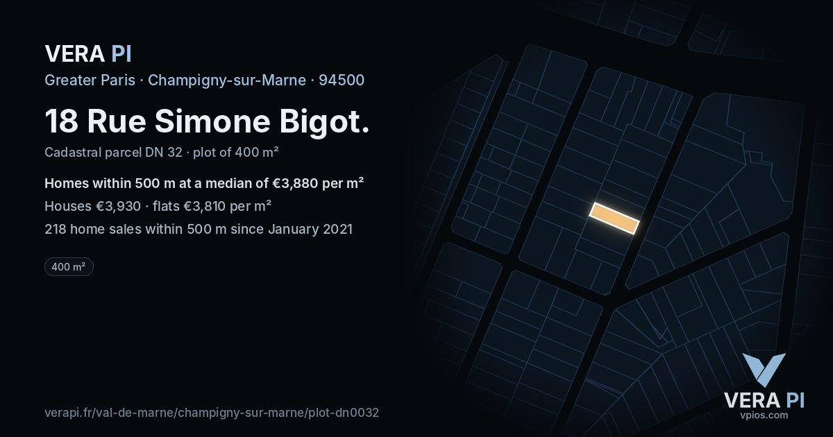 18 Rue Simone Bigot, Champigny-sur-Marne at night – the plot lit, the parcels around coloured by the prices near them