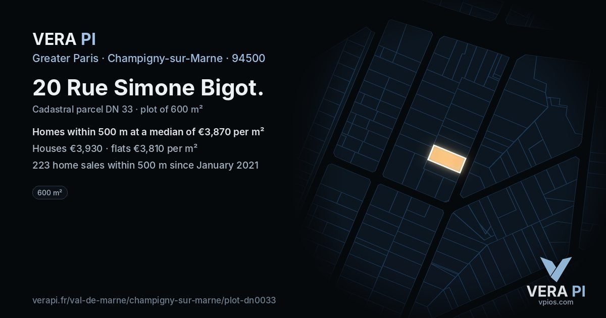 20 Rue Simone Bigot, Champigny-sur-Marne at night – the plot lit, the parcels around coloured by the prices near them