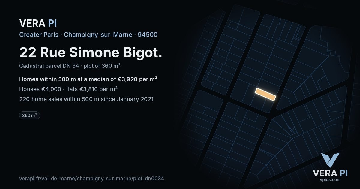 22 Rue Simone Bigot, Champigny-sur-Marne at night – the plot lit, the parcels around coloured by the prices near them