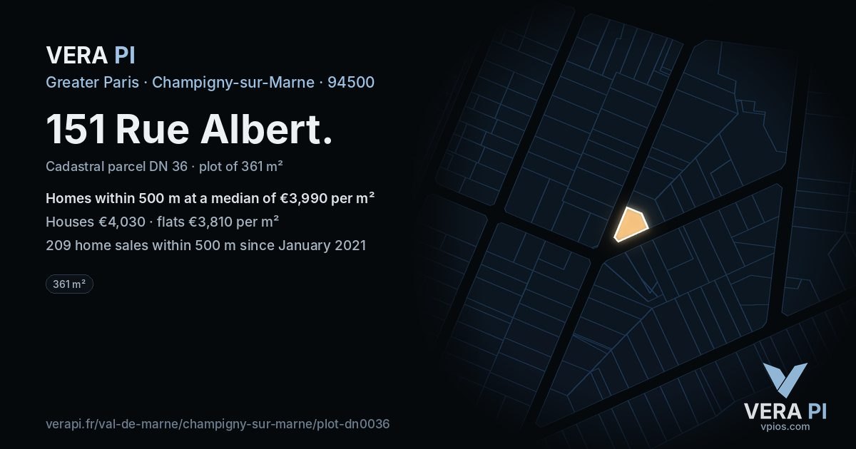 151 Rue Albert, Champigny-sur-Marne at night – the plot lit, the parcels around coloured by the prices near them