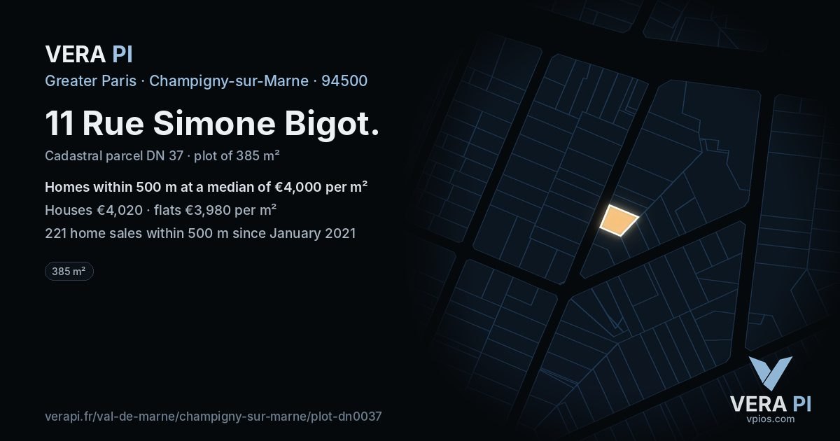 11 Rue Simone Bigot, Champigny-sur-Marne at night – the plot lit, the parcels around coloured by the prices near them