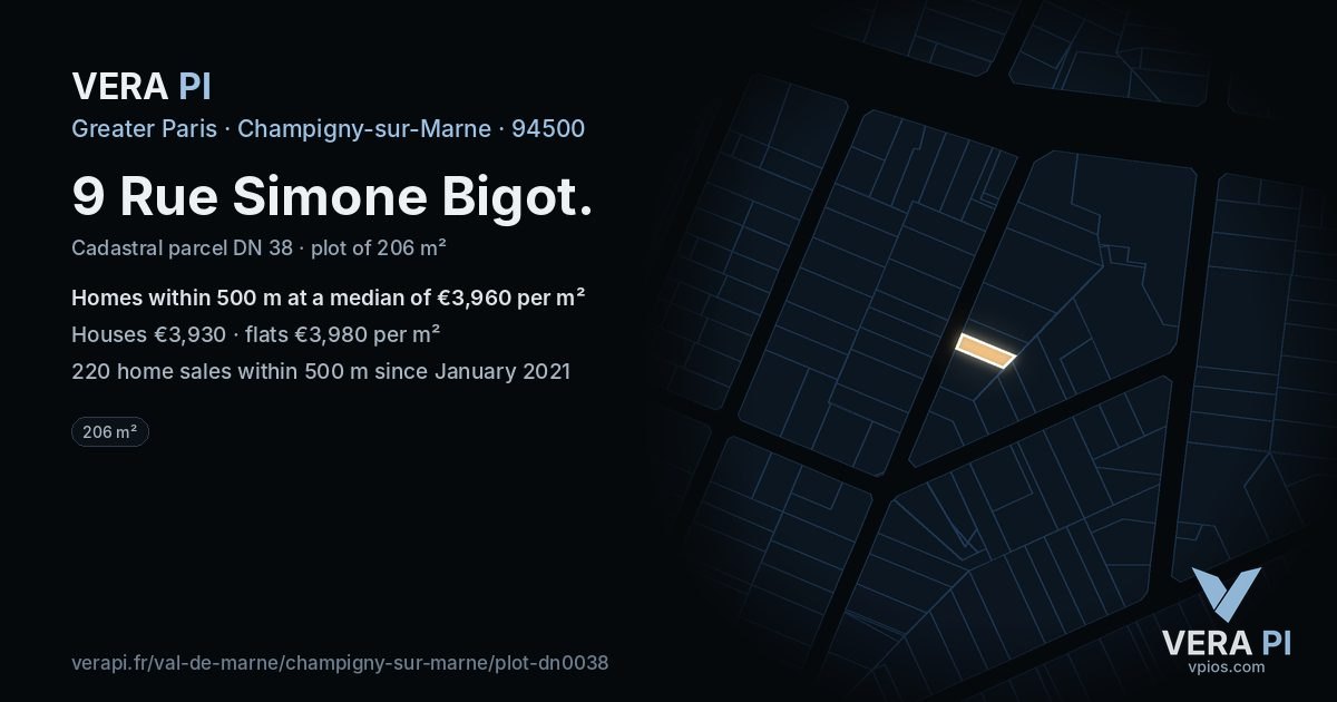 9 Rue Simone Bigot, Champigny-sur-Marne at night – the plot lit, the parcels around coloured by the prices near them