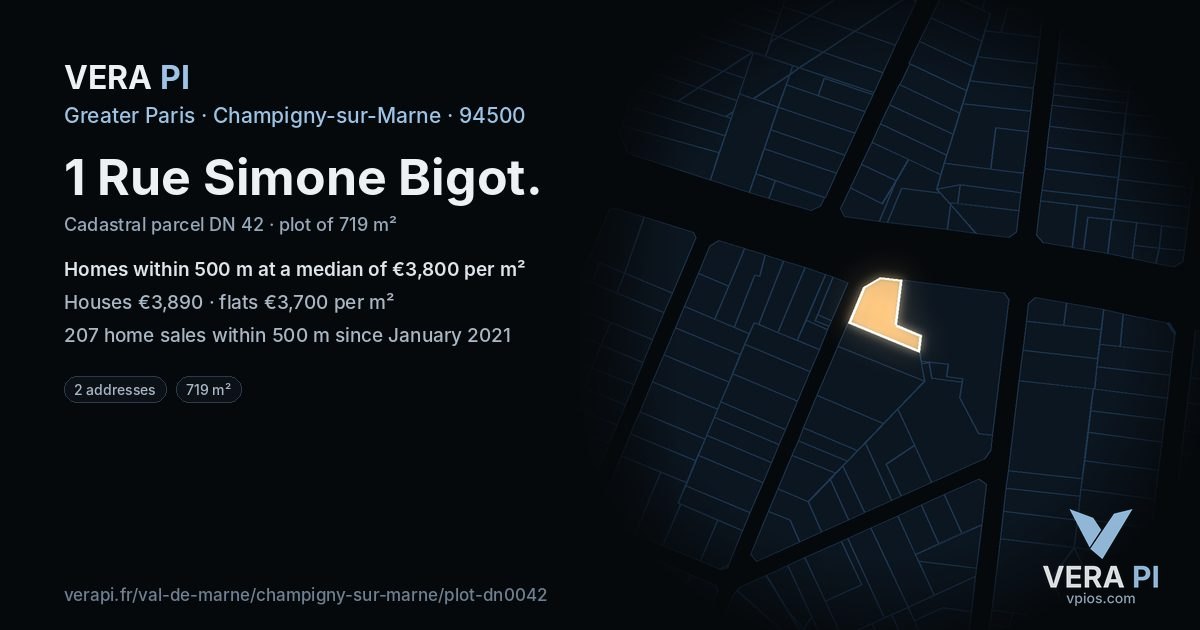 1 Rue Simone Bigot, Champigny-sur-Marne at night – the plot lit, the parcels around coloured by the prices near them