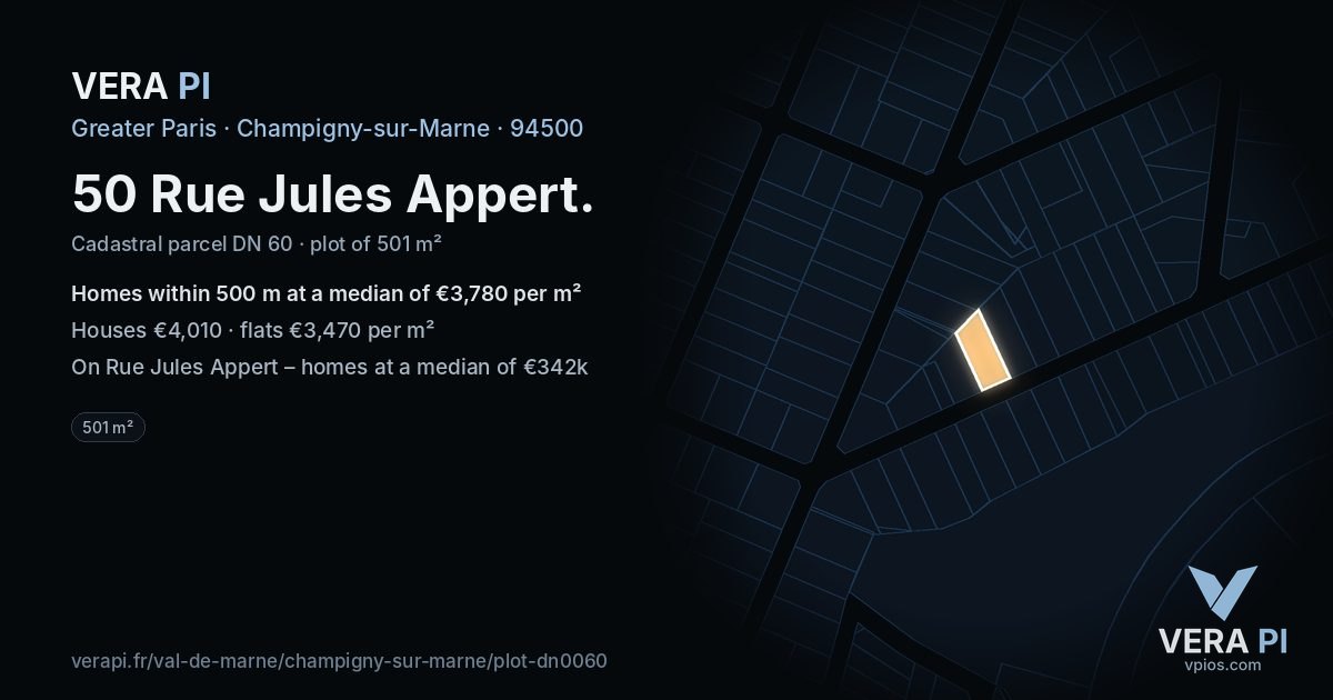 50 Rue Jules Appert, Champigny-sur-Marne at night – the plot lit, the parcels around coloured by the prices near them