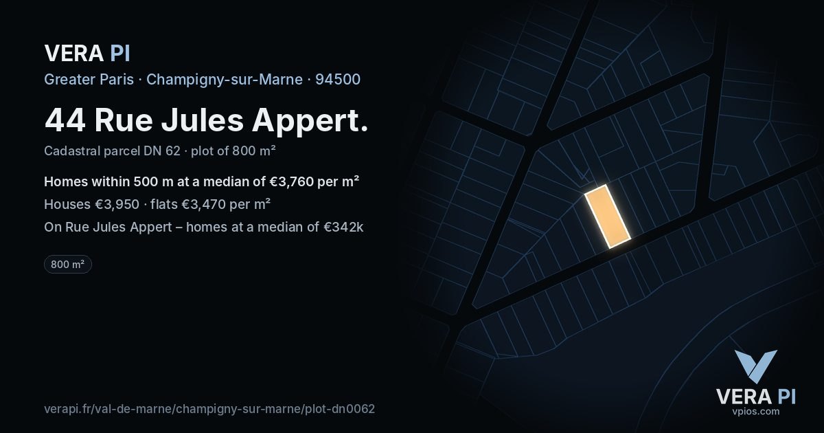 44 Rue Jules Appert, Champigny-sur-Marne at night – the plot lit, the parcels around coloured by the prices near them