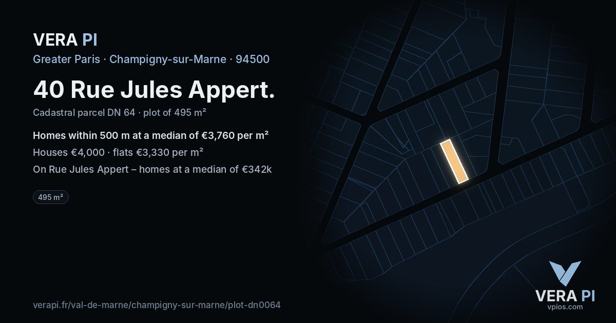 40 Rue Jules Appert, Champigny-sur-Marne at night – the plot lit, the parcels around coloured by the prices near them