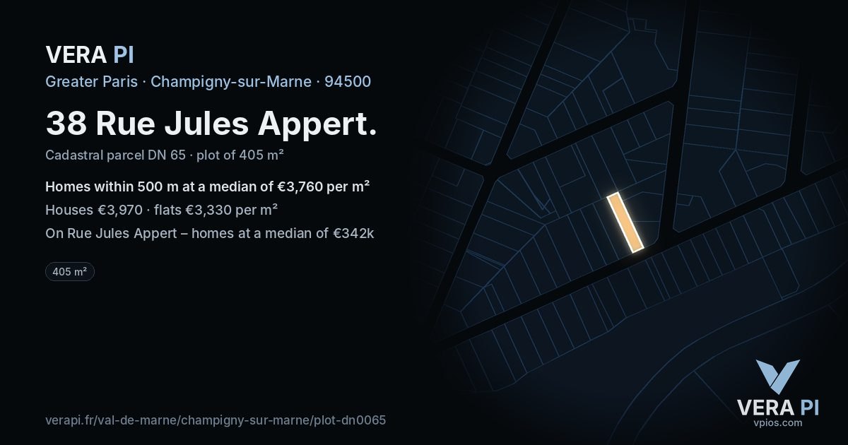 38 Rue Jules Appert, Champigny-sur-Marne at night – the plot lit, the parcels around coloured by the prices near them
