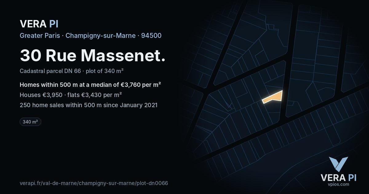30 Rue Massenet, Champigny-sur-Marne at night – the plot lit, the parcels around coloured by the prices near them