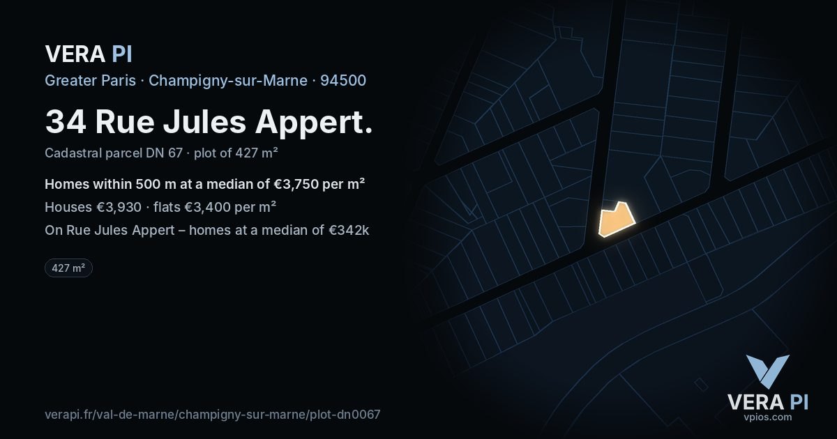 34 Rue Jules Appert, Champigny-sur-Marne at night – the plot lit, the parcels around coloured by the prices near them