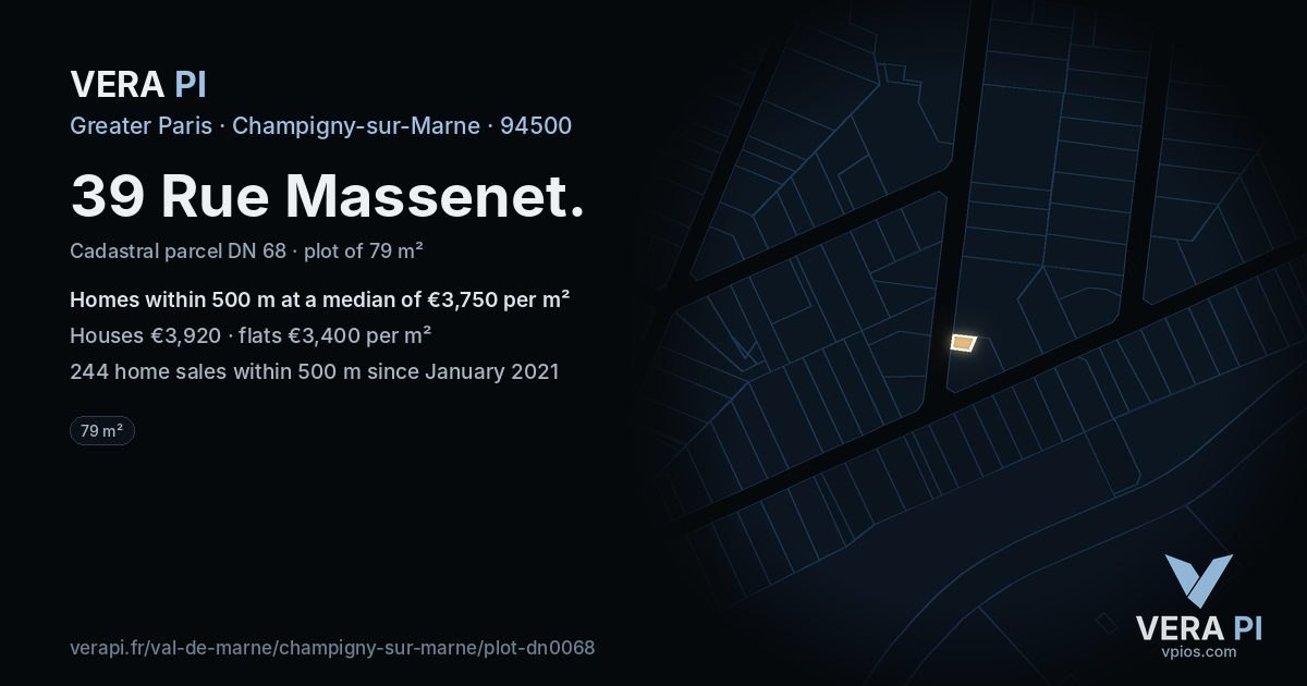 39 Rue Massenet, Champigny-sur-Marne at night – the plot lit, the parcels around coloured by the prices near them