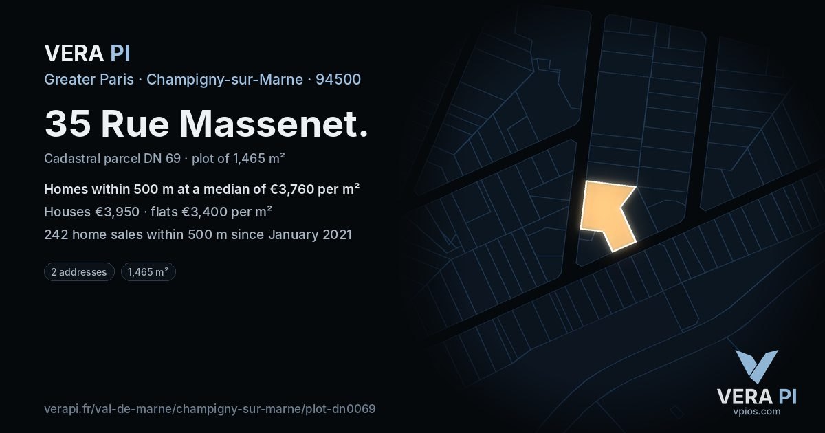 35 Rue Massenet, Champigny-sur-Marne at night – the plot lit, the parcels around coloured by the prices near them