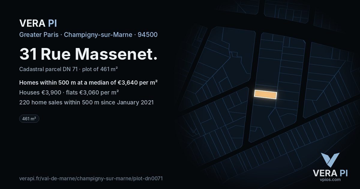 31 Rue Massenet, Champigny-sur-Marne at night – the plot lit, the parcels around coloured by the prices near them