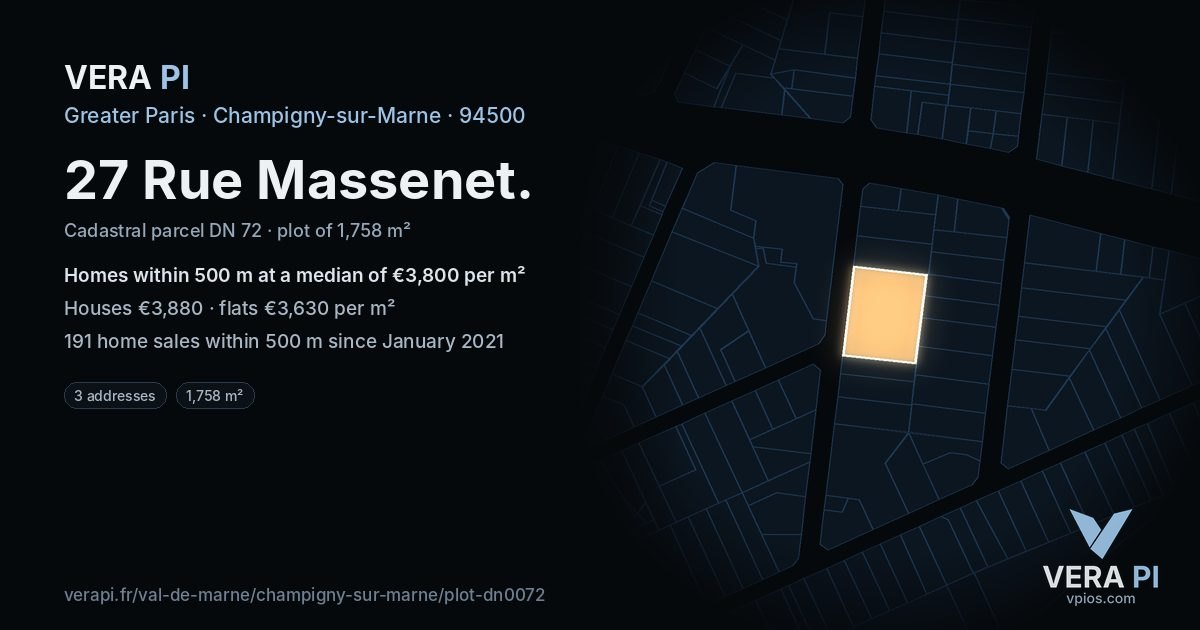 27 Rue Massenet, Champigny-sur-Marne at night – the plot lit, the parcels around coloured by the prices near them