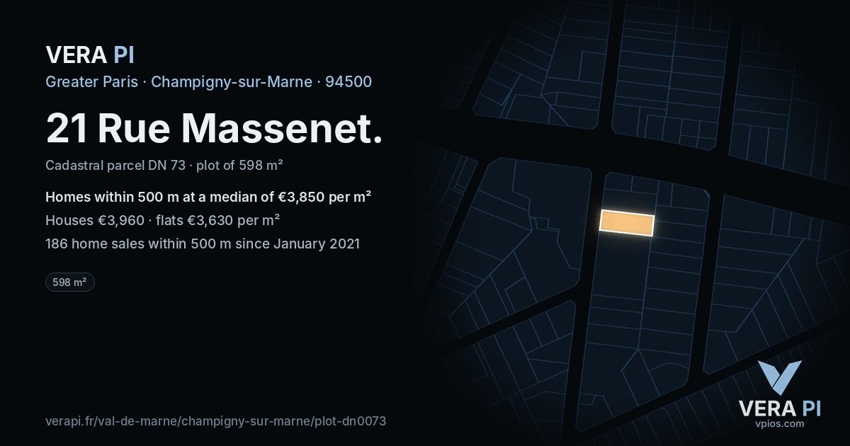 21 Rue Massenet, Champigny-sur-Marne at night – the plot lit, the parcels around coloured by the prices near them