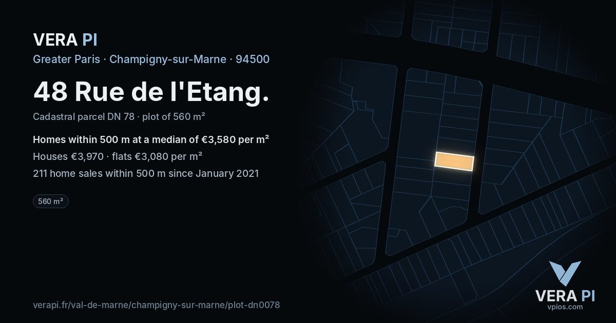 48 Rue de l'Etang, Champigny-sur-Marne at night – the plot lit, the parcels around coloured by the prices near them