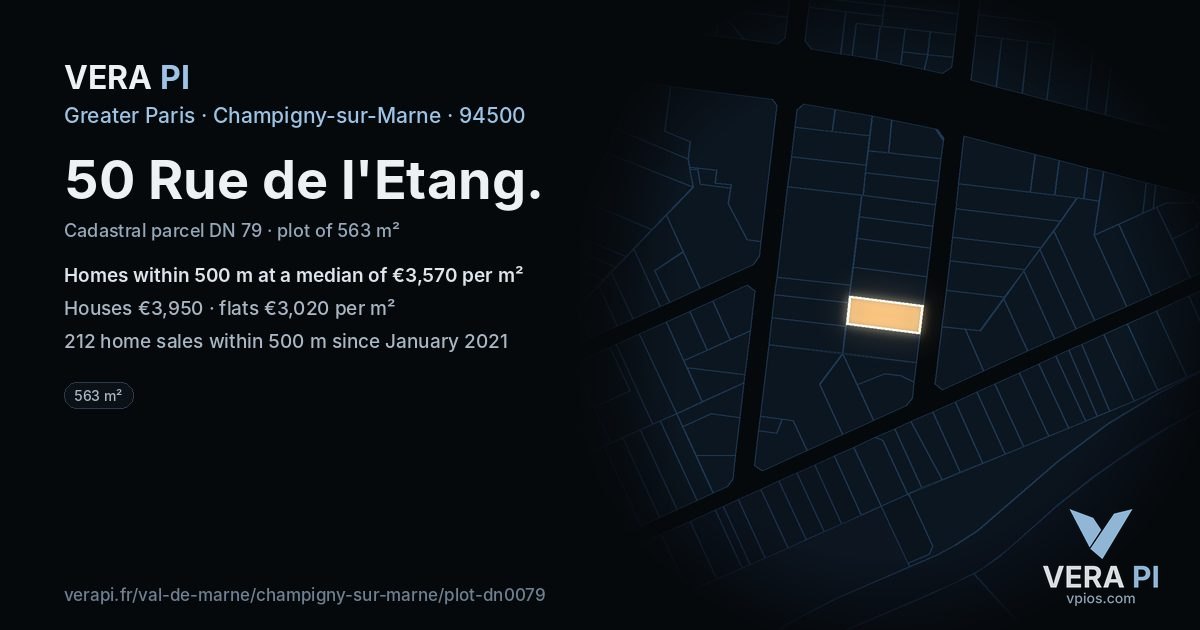 50 Rue de l'Etang, Champigny-sur-Marne at night – the plot lit, the parcels around coloured by the prices near them