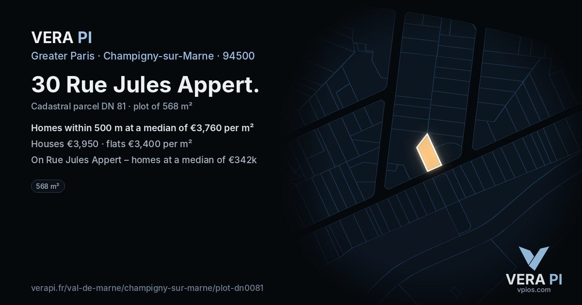 30 Rue Jules Appert, Champigny-sur-Marne at night – the plot lit, the parcels around coloured by the prices near them