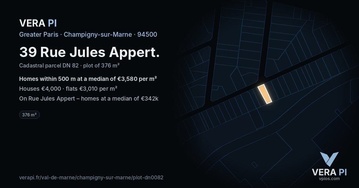 39 Rue Jules Appert, Champigny-sur-Marne at night – the plot lit, the parcels around coloured by the prices near them