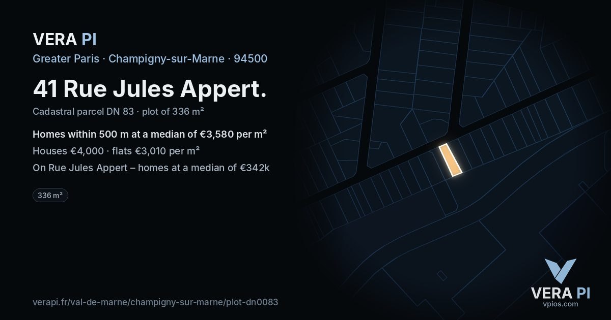 41 Rue Jules Appert, Champigny-sur-Marne at night – the plot lit, the parcels around coloured by the prices near them