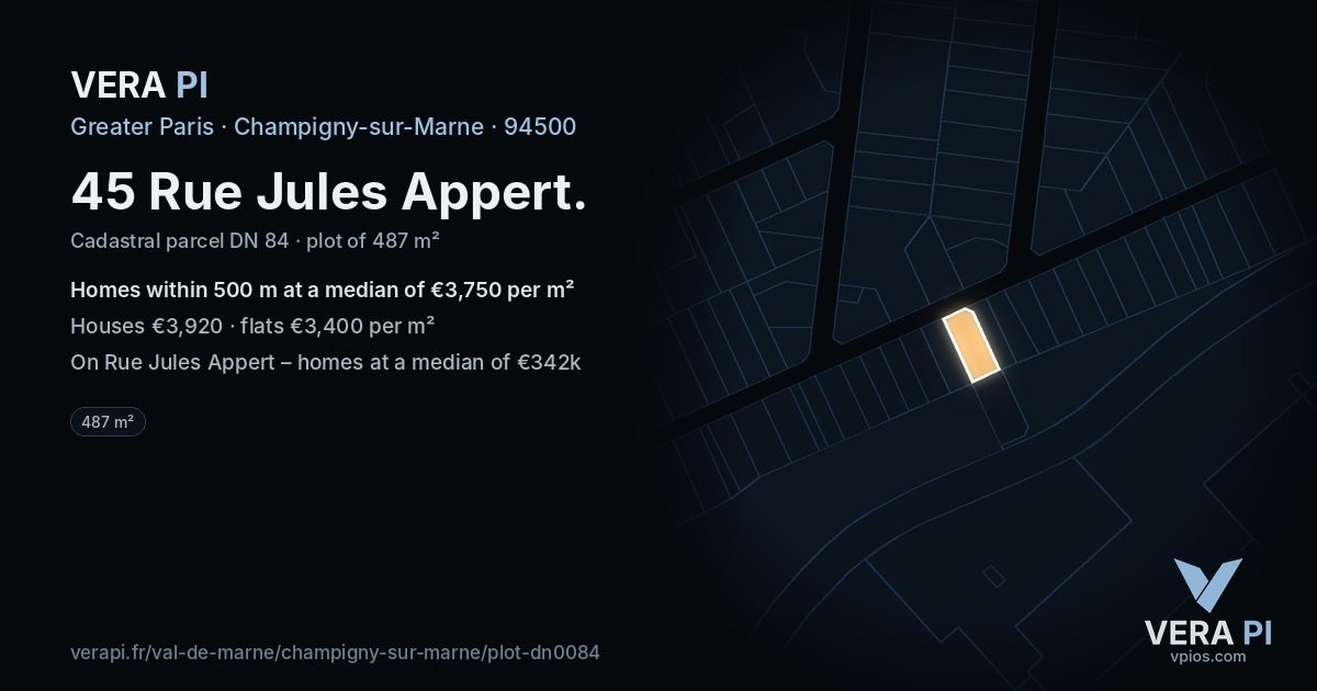 45 Rue Jules Appert, Champigny-sur-Marne at night – the plot lit, the parcels around coloured by the prices near them