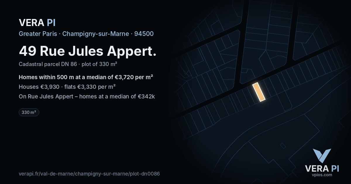 49 Rue Jules Appert, Champigny-sur-Marne at night – the plot lit, the parcels around coloured by the prices near them