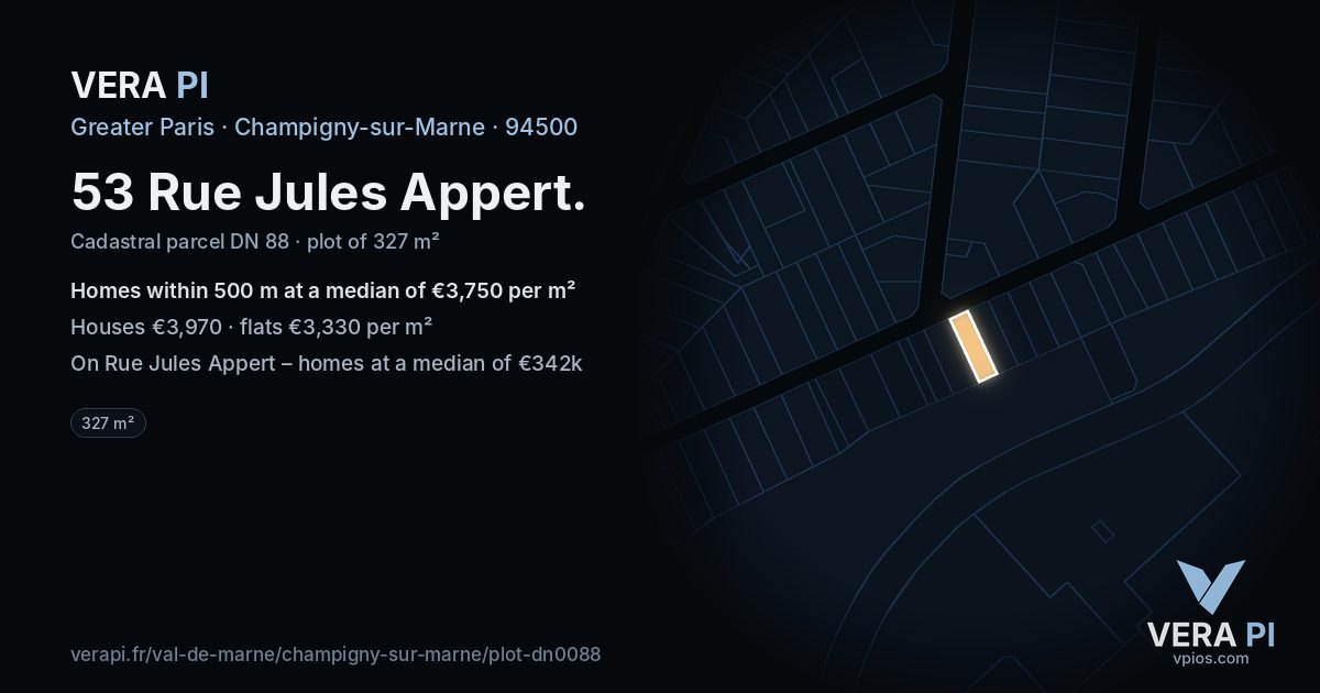 53 Rue Jules Appert, Champigny-sur-Marne at night – the plot lit, the parcels around coloured by the prices near them