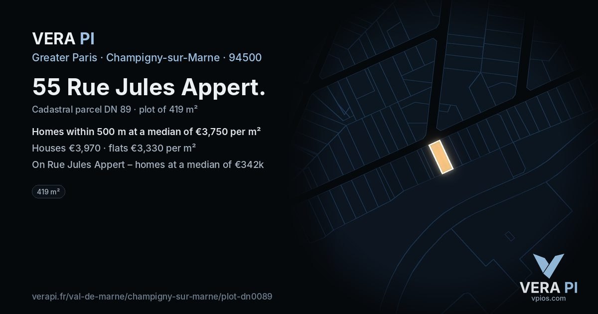 55 Rue Jules Appert, Champigny-sur-Marne at night – the plot lit, the parcels around coloured by the prices near them