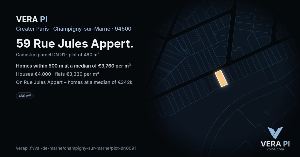 59 Rue Jules Appert, Champigny-sur-Marne at night – the plot lit, the parcels around coloured by the prices near them