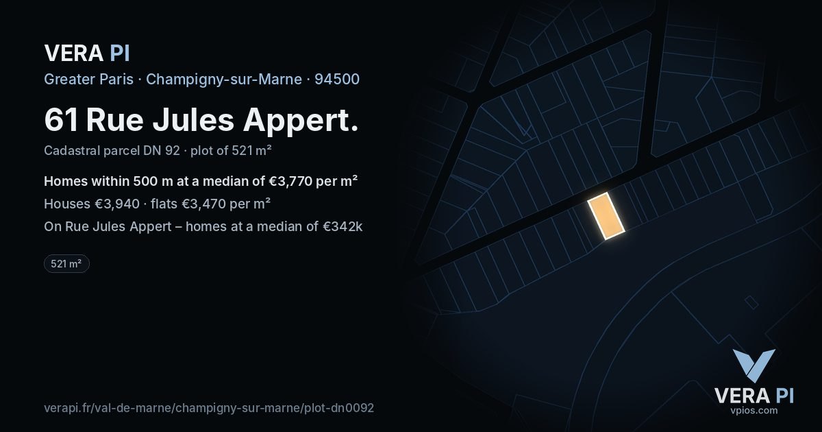 61 Rue Jules Appert, Champigny-sur-Marne at night – the plot lit, the parcels around coloured by the prices near them