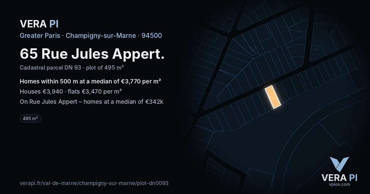 65 Rue Jules Appert, Champigny-sur-Marne at night – the plot lit, the parcels around coloured by the prices near them