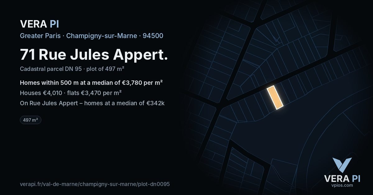 71 Rue Jules Appert, Champigny-sur-Marne at night – the plot lit, the parcels around coloured by the prices near them
