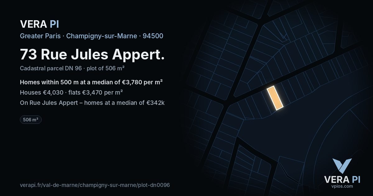 73 Rue Jules Appert, Champigny-sur-Marne at night – the plot lit, the parcels around coloured by the prices near them