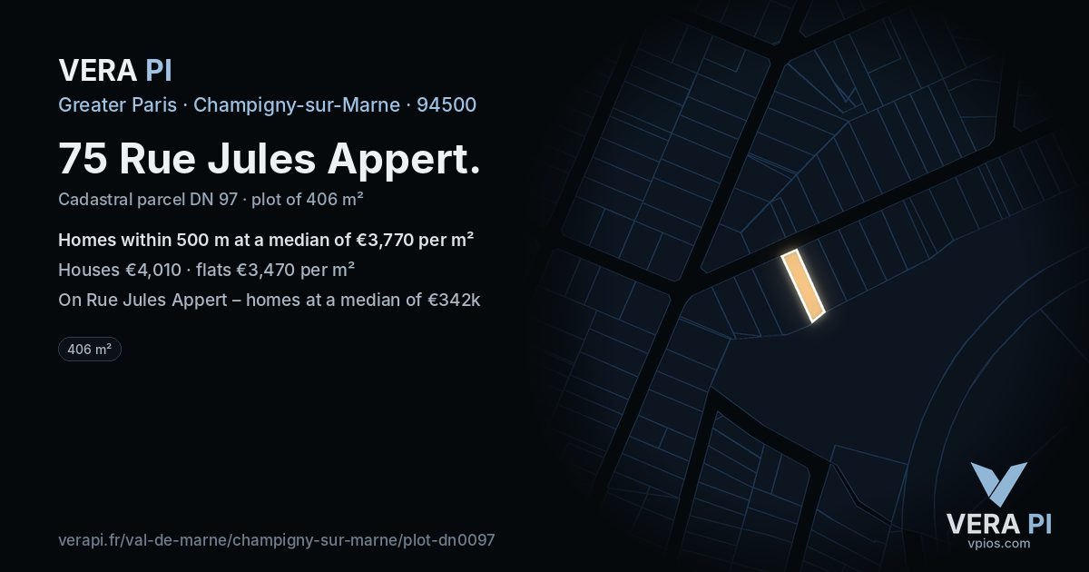 75 Rue Jules Appert, Champigny-sur-Marne at night – the plot lit, the parcels around coloured by the prices near them