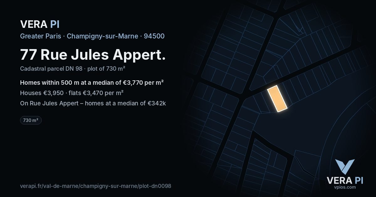 77 Rue Jules Appert, Champigny-sur-Marne at night – the plot lit, the parcels around coloured by the prices near them