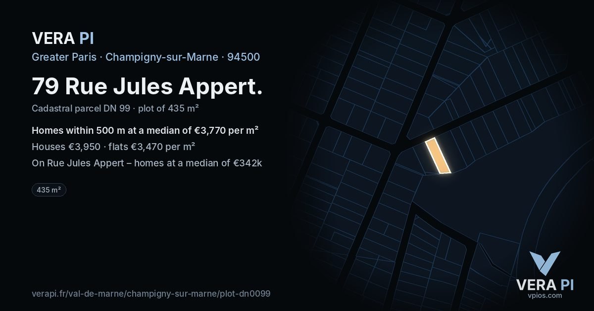 79 Rue Jules Appert, Champigny-sur-Marne at night – the plot lit, the parcels around coloured by the prices near them