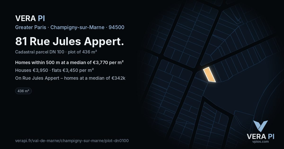 81 Rue Jules Appert, Champigny-sur-Marne at night – the plot lit, the parcels around coloured by the prices near them