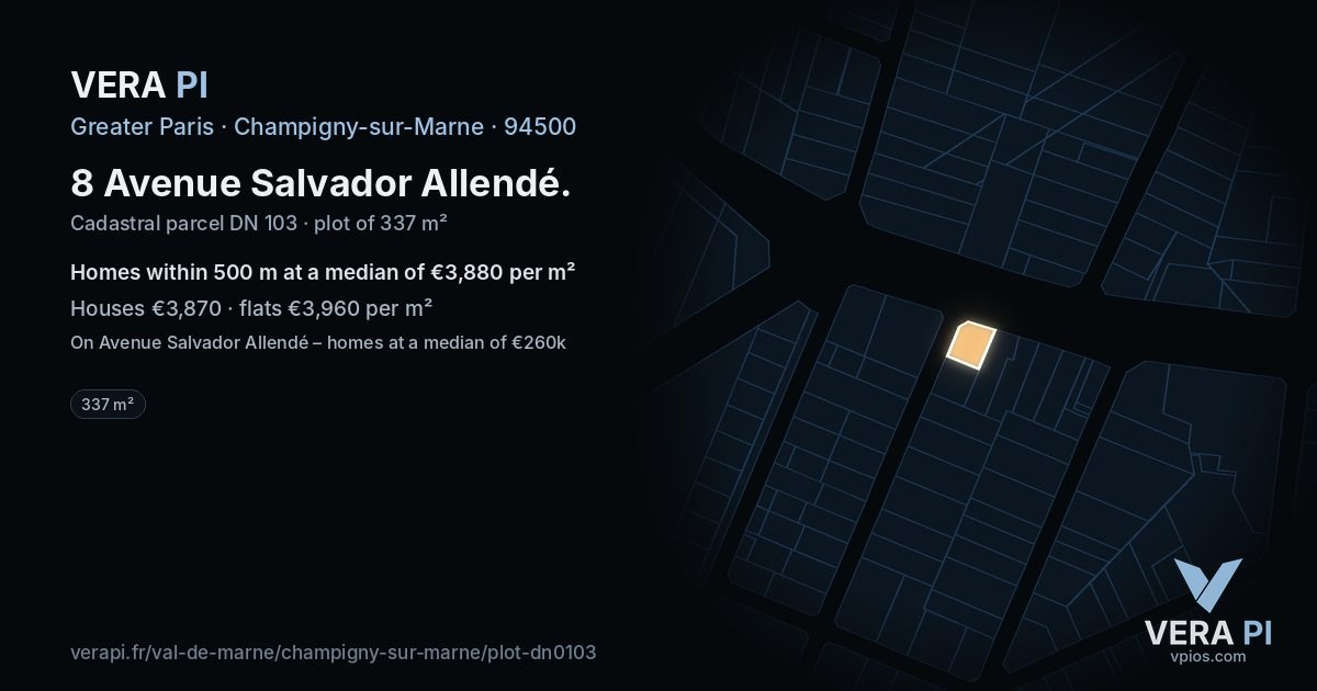 8 Avenue Salvador Allendé, Champigny-sur-Marne at night – the plot lit, the parcels around coloured by the prices near them