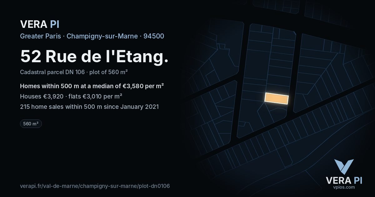 52 Rue de l'Etang, Champigny-sur-Marne at night – the plot lit, the parcels around coloured by the prices near them