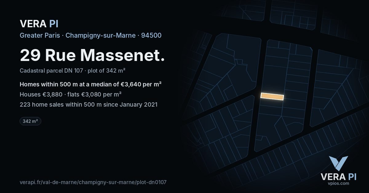 29 Rue Massenet, Champigny-sur-Marne at night – the plot lit, the parcels around coloured by the prices near them