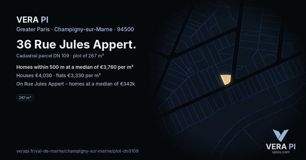 36 Rue Jules Appert, Champigny-sur-Marne at night – the plot lit, the parcels around coloured by the prices near them