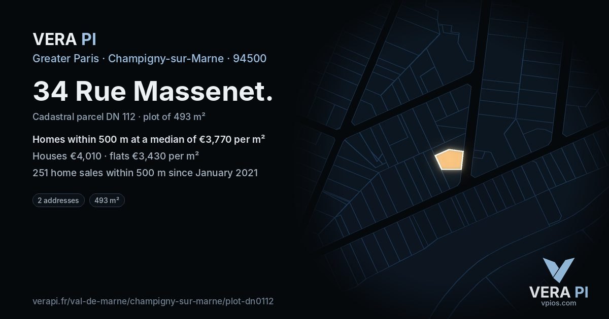 34 Rue Massenet, Champigny-sur-Marne at night – the plot lit, the parcels around coloured by the prices near them